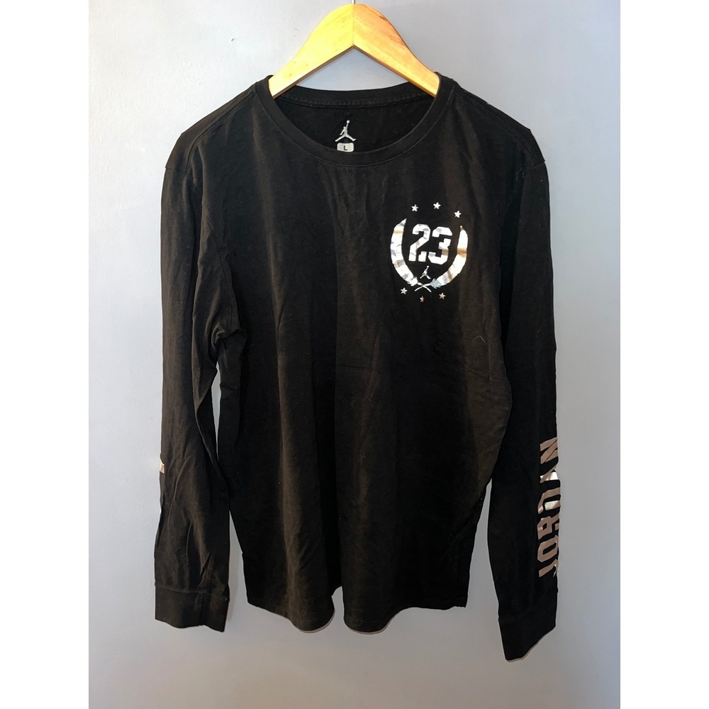 Jordan Mens Long Sleeve T-Shirt Black Iridescent Silver 23 Air Graphic Large